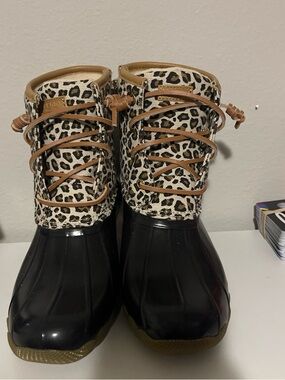 Sperry Leopard Print Winter Duck Boots with Black Rubber Toe and Tan Trim